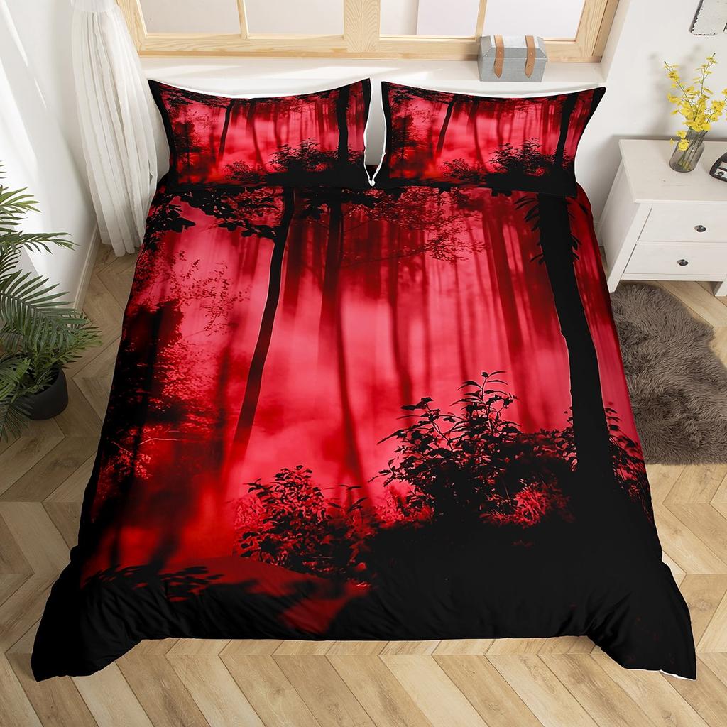 Homewish Black Blue Pine Tree Duvet Cover Set,Jungle Plant Botanical Bedding Set,Nature Scenery Print Bed Set