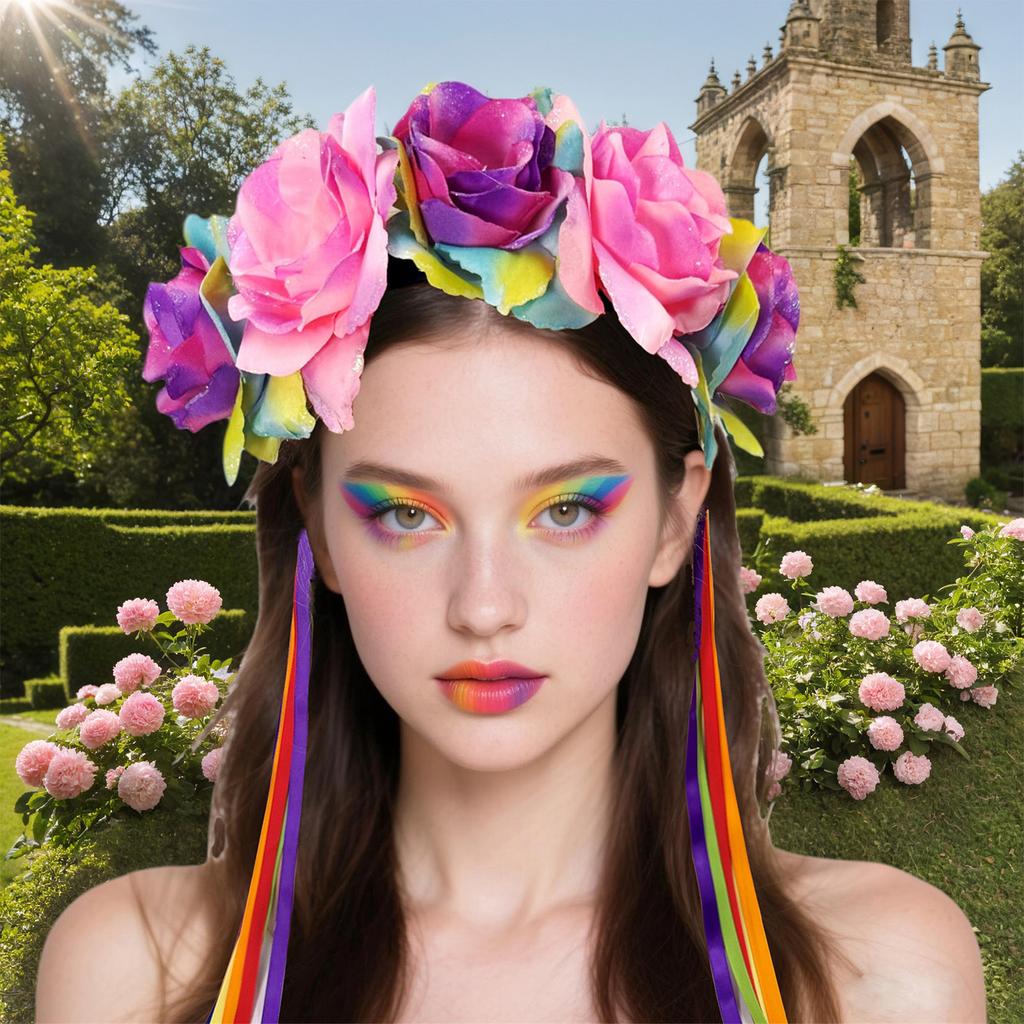 Floral Hairband Rainbow Rose Hair Hoop Halloween Decorative Tassels Role Play Costume Proms Party Live Show Headwear