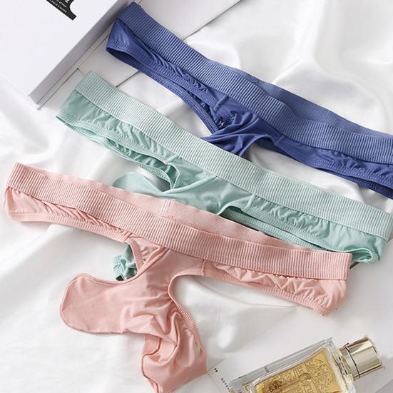 Men Thong Low-rise Elastic Waist Ice Silk Fabric Elephant Nose Design Solid Color Briefs Breathable Underwear