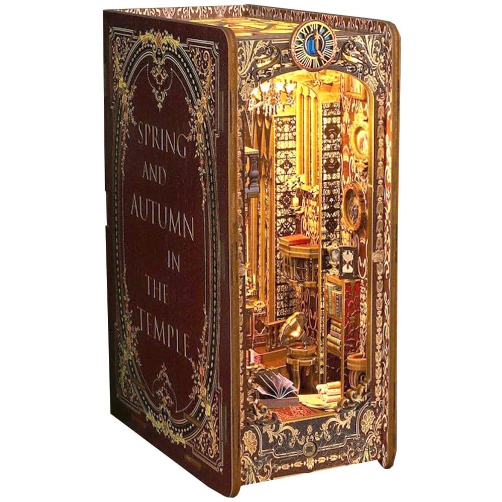 

Moin Moin Dollhouse Miniature DIY Kit Book Shape Paper Craft with LED Light and Music Box Classic Retro Design