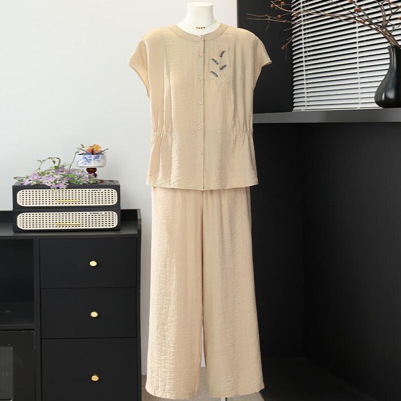 Yuzhaolin Summer Embroidered Loose Polyester Two-Piece Set for Women