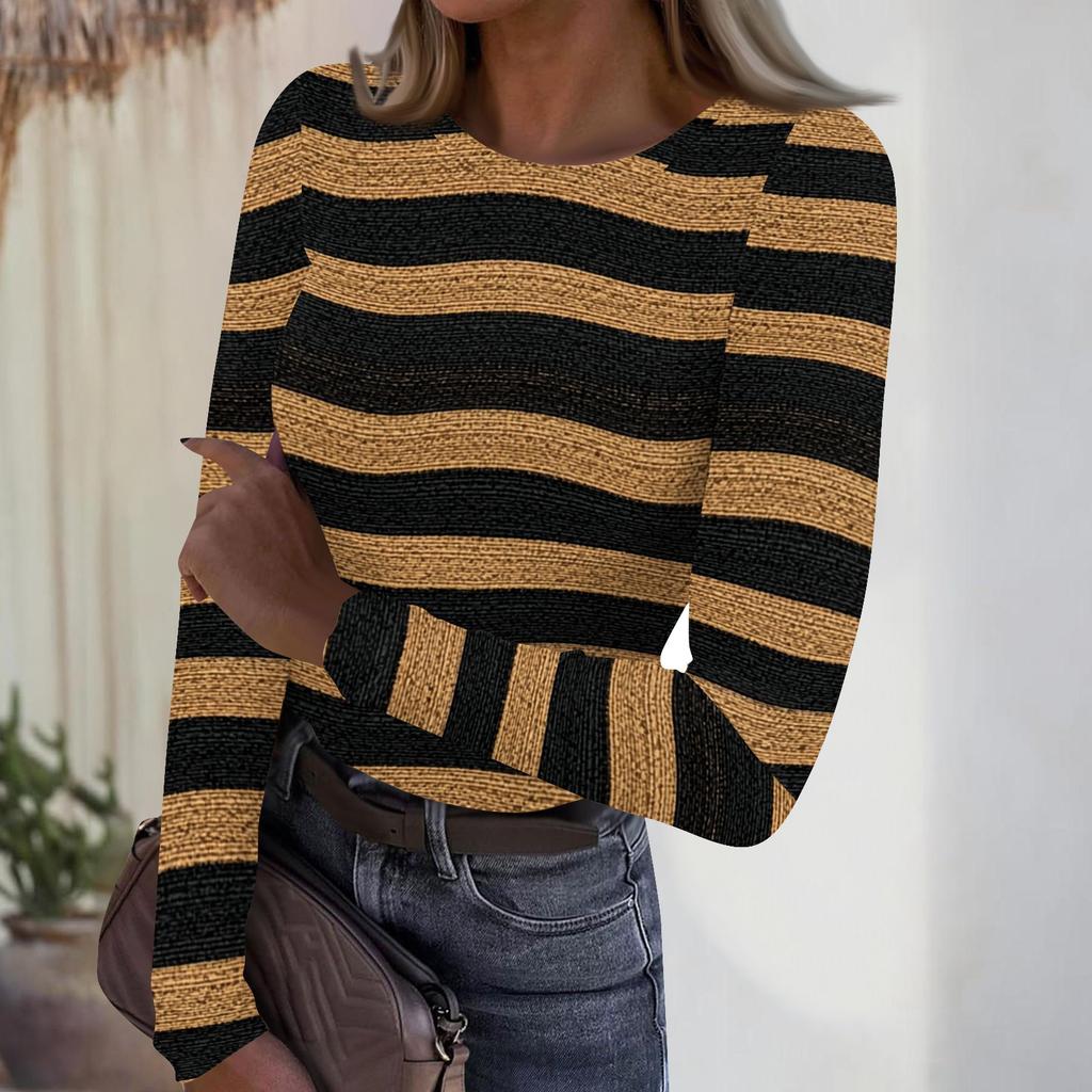 Damski casualowy modny top z okrągłym dekoltem, w paski, z długim rękawem, prążkowany