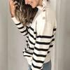 Fashion Women Stripes Buttons High-necked Long Sleeves Tops Pullover Sweater