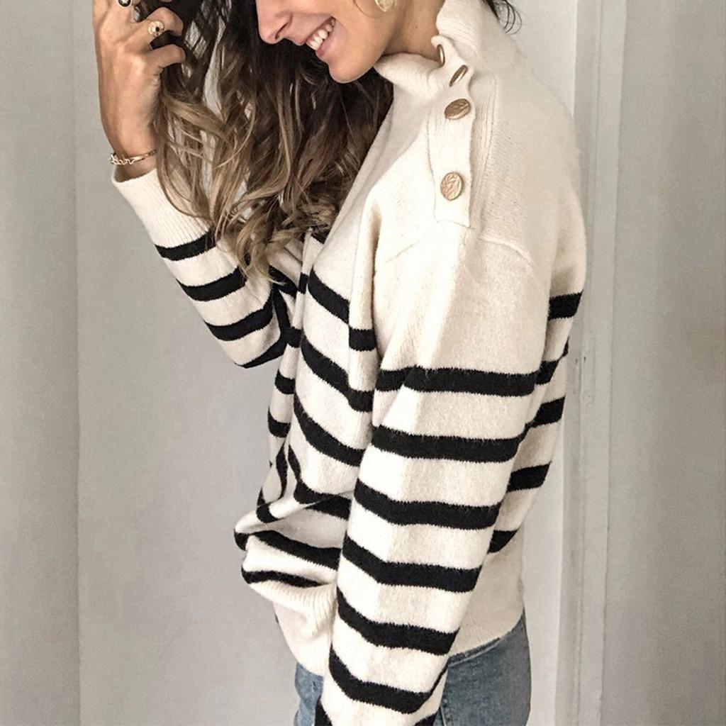 Fashion Women Stripes Buttons High-necked Long Sleeves Tops Pullover Sweater