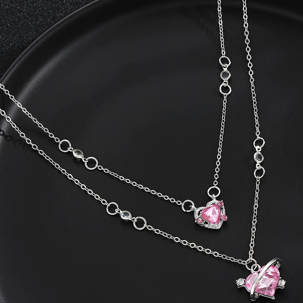 Pink Diamond Heart Necklace - Light Luxury Student Style with Sweet Girlish Charm and Angelic Planet Design