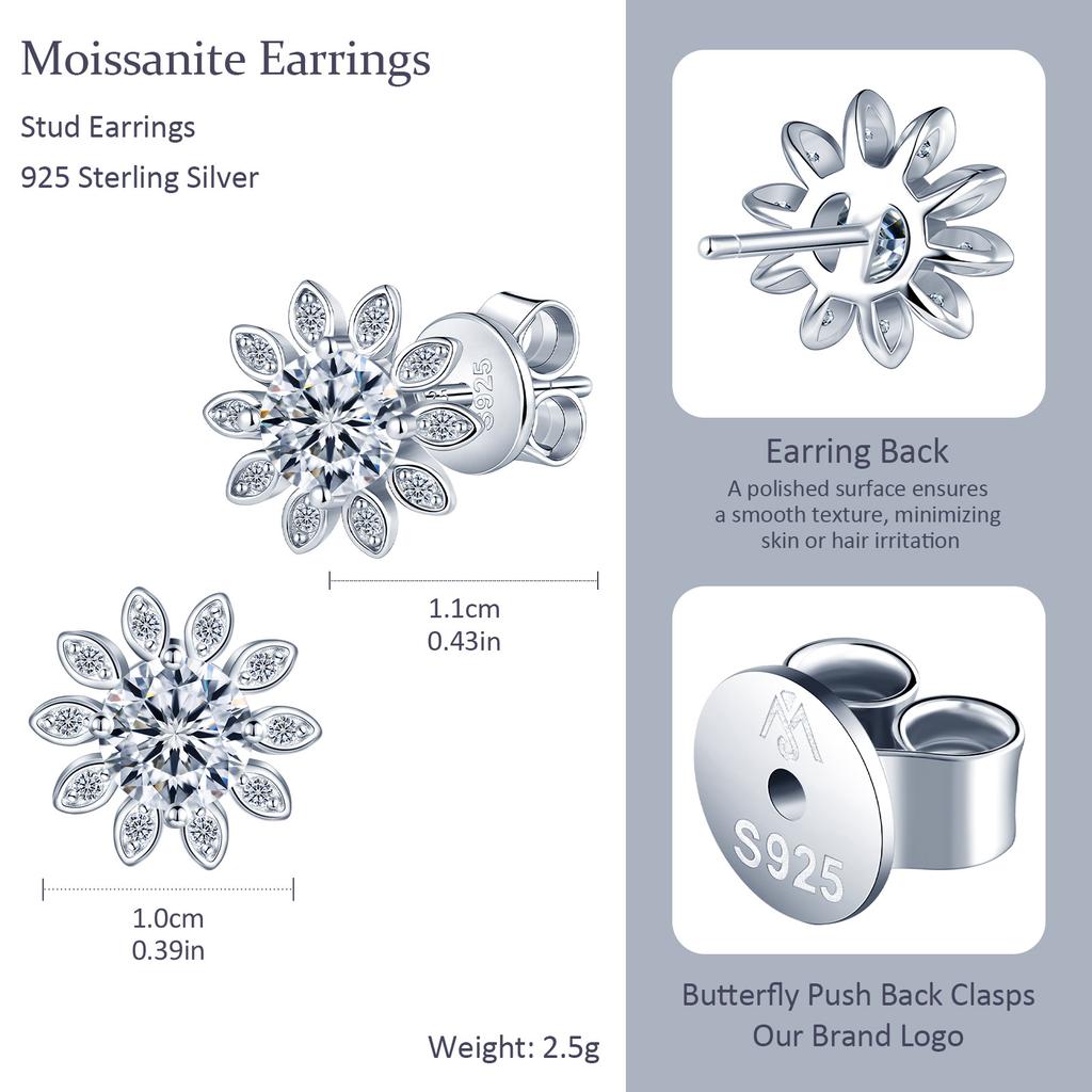 Sunflower Moissanite Stud Earrings 925 Sterling Silver GRA Certified Trendy Bijoux Pour Femme