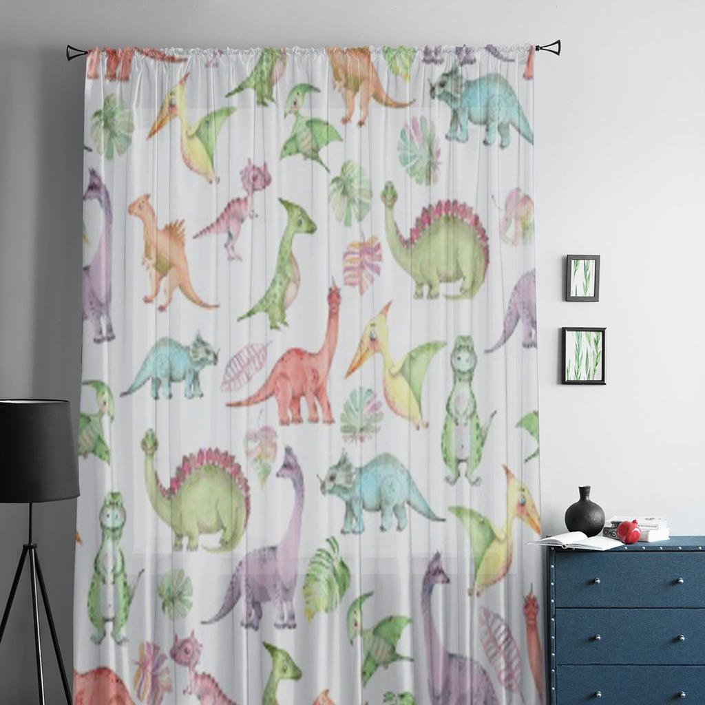 Aquarell Dinosaurier Transparente Vorhänge für Wohnzimmer Transparente Tüll Fensterdekorationen Schlafzimmer Küche Heimdekor Schleier Vorhänge
