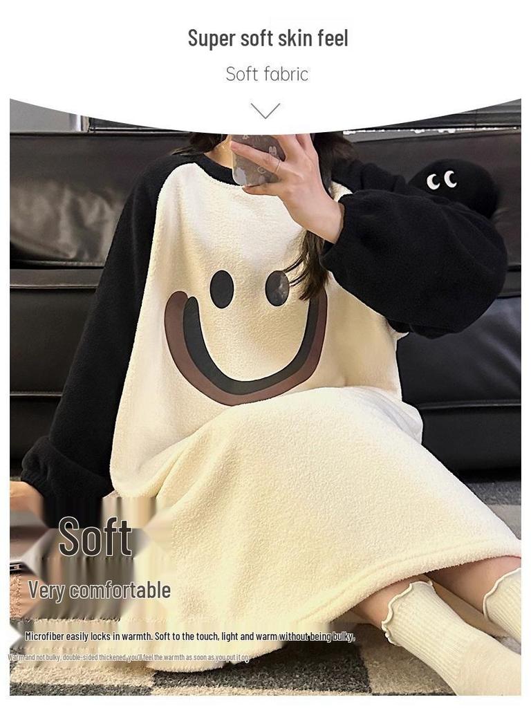 Women's Cartoon Flannel Nightgown – Cute, Cozy, Long Sleeve, Mid-Length Dress for Fall/Winter, Suitable for Home or Outdoors