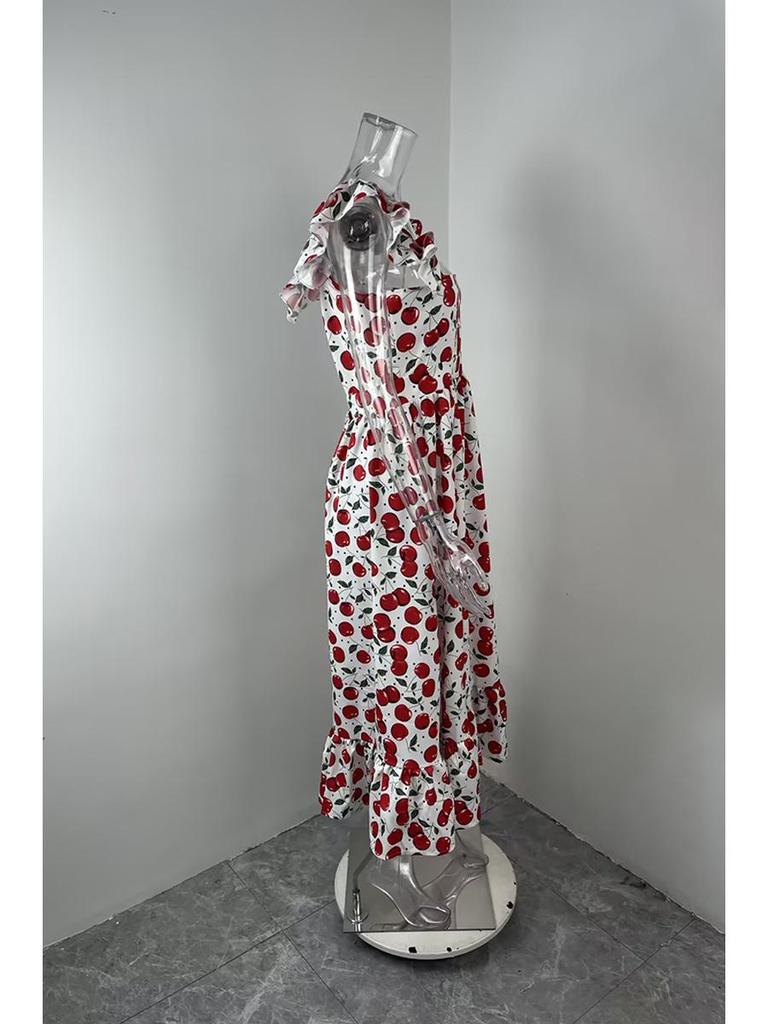 2026 Spring European American Style Women's Fashion Casual Printed Patchwork Ruffled Hem Dress