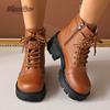 Platform Ankle Boots for Women Autumn Chunky Heel Lace Up Black Short Boots Women Buckle Strap Rivets Motorcycle Booties Size 35
