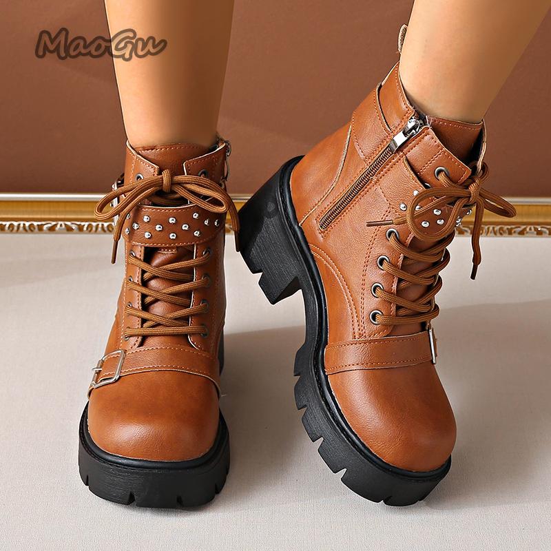 Platform Ankle Boots for Women Autumn Chunky Heel Lace Up Black Short Boots Women Buckle Strap Rivets Motorcycle Booties Size 35