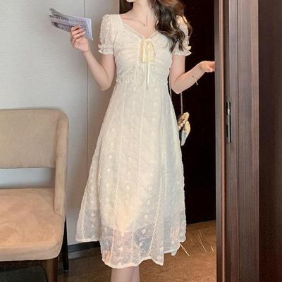 Vintage Lace Embroidered Summer Dress Women Elegant 2023 Puff Sleeve Slim Dress Party A-line Sexy Square Neck Dresses  28109