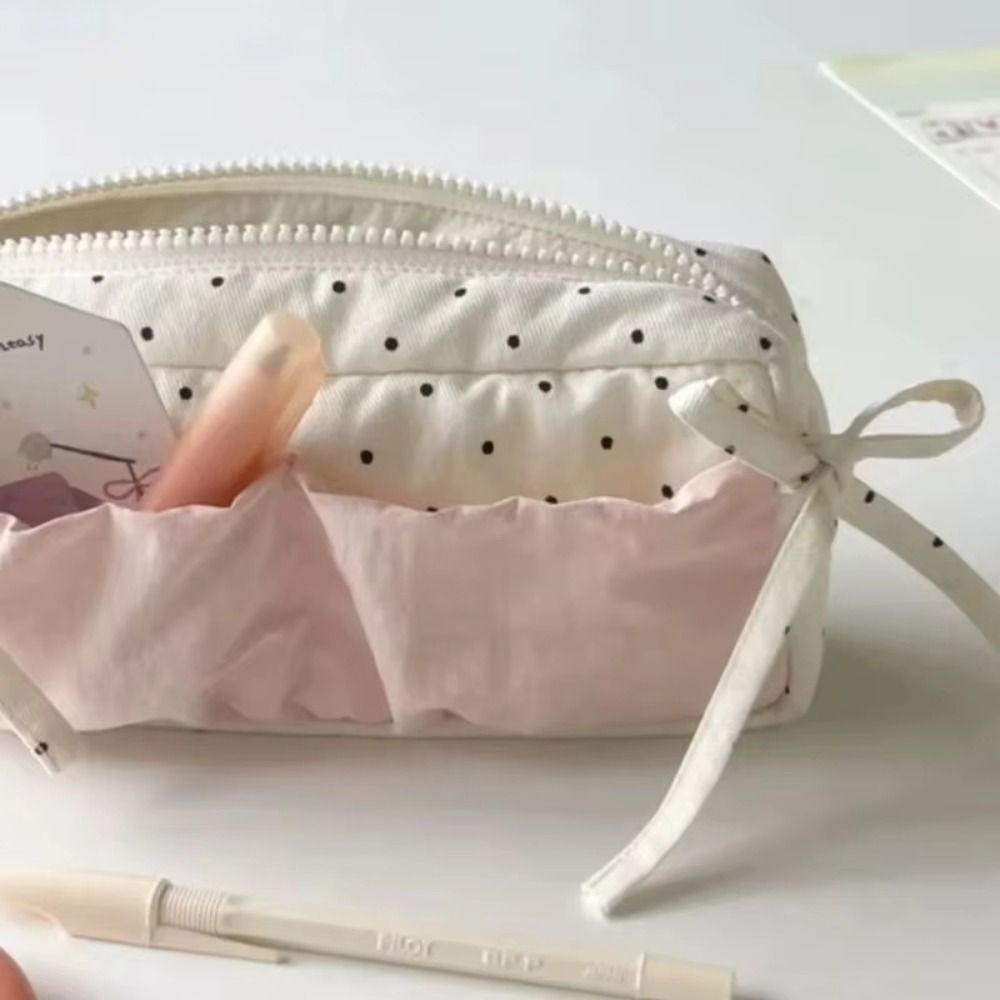 White With Pink Student Pencil Box Simple and Niche Bow Pencil Case Makeup Storage Bags