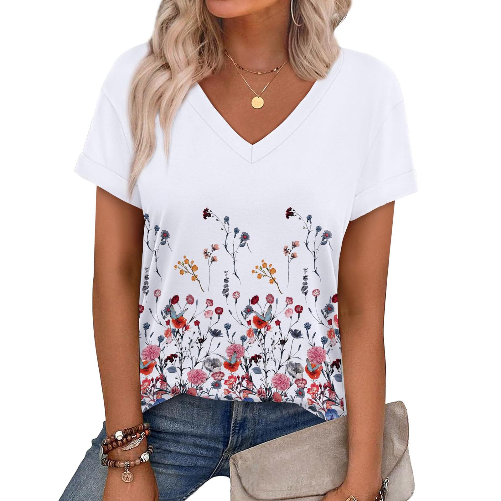 Women V Neck Floral Print Short Sleeve Blouse Pleated Hem Casual Loose Fit Summer Spring Top L белый