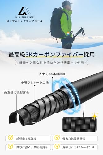 Hiking Life Trekking Poles for Mountaineering [Ultra-Lightweight 195g, Packed To 34cm] 3K Carbon Fiber, Foldable, Set of 2, Camping, Climbing, Walking