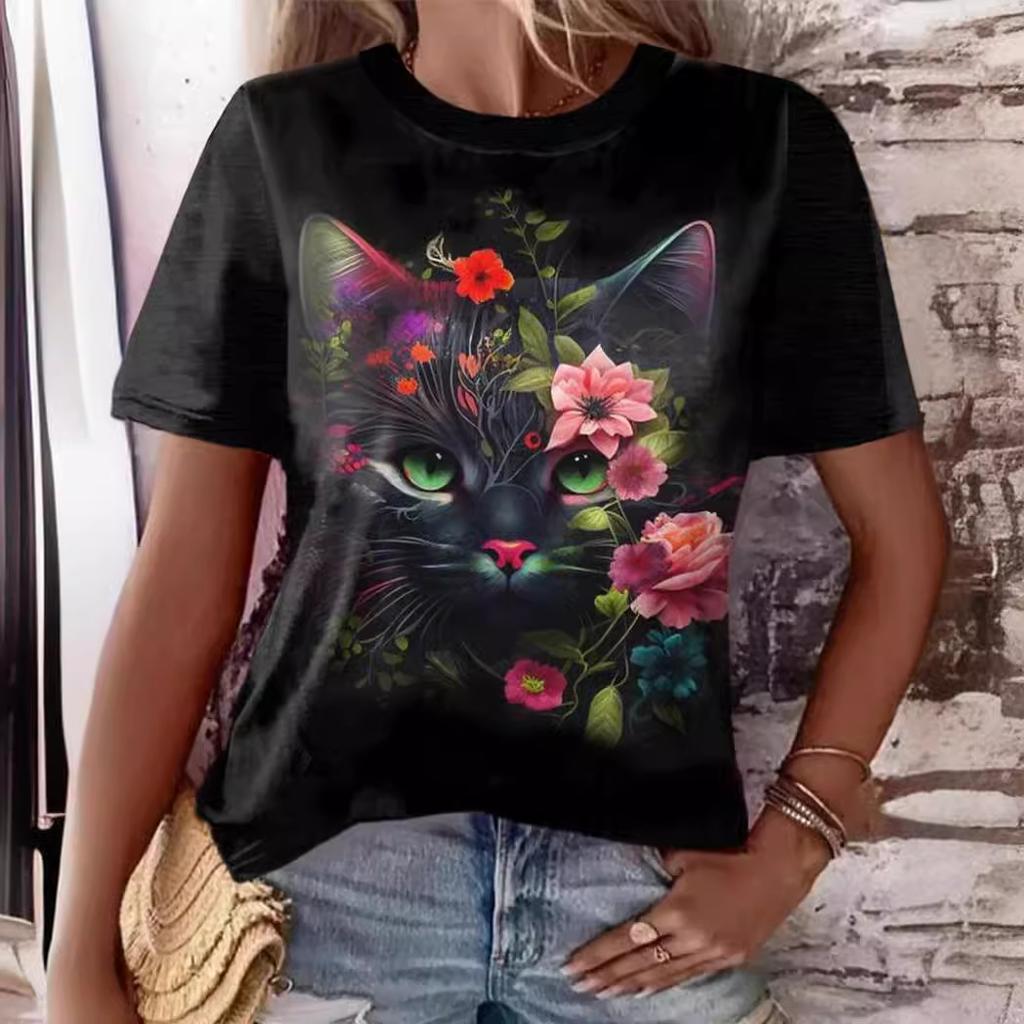 Summer Round Neck 3D Cute Cat and Dog Print Top Fashionable Casual Short Sleeved Women's T-shirts