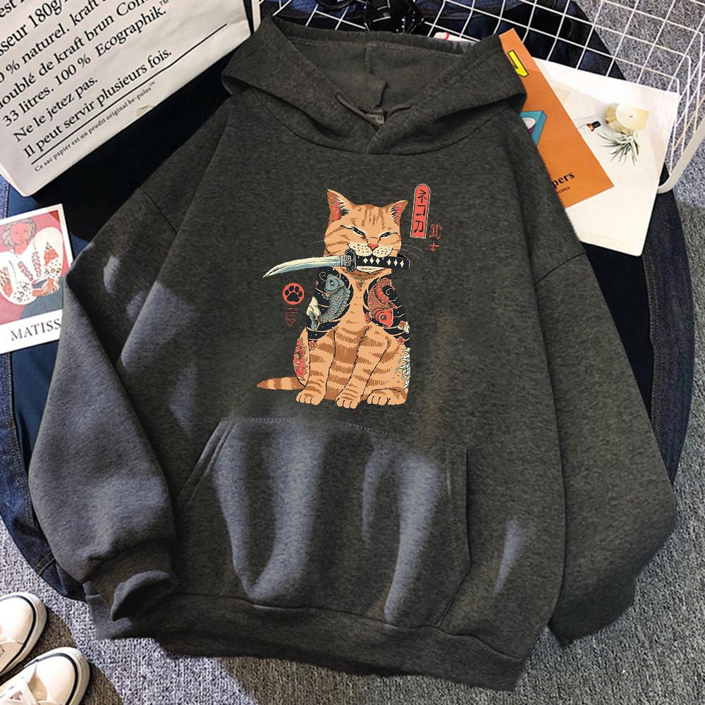 Japanese Cartoons Cat Ukiyo E Print Women Hoodie Hip Hop Fleece Pullovers Creativity Crewneck Clothing Fleece Loose Womens Hoody