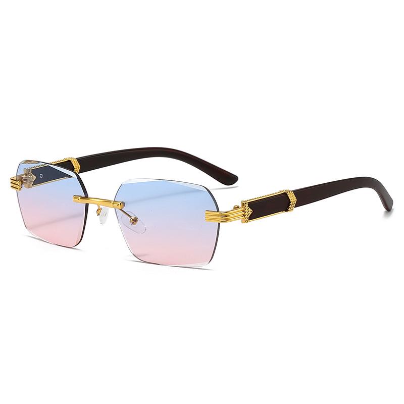 Trendy Frameless Sunglasses with Wood Grain Legs - European and American Irregular Square Design