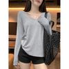 Plus Size V-Neck Long Sleeve T-Shirt for Women - Loose Fit, Tummy Slimming, Perfect for Autumn