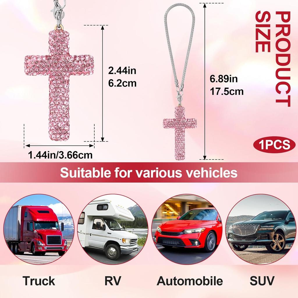 Crystal Cross Car Rear View Mirror Charm, Bling Rhinestone Car Hanging Accessories