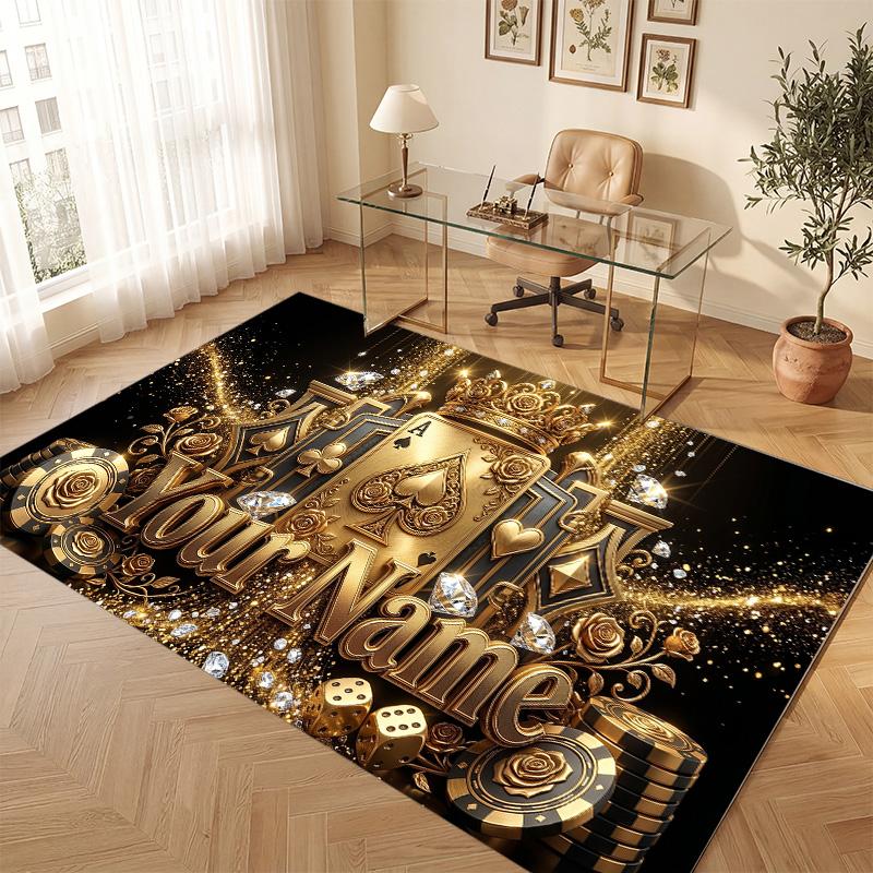Cards Casino Theme Soft Crystal Velvet Rug Custom Name & Text Print Non Slip Floor Rug for Bedroom Living Room