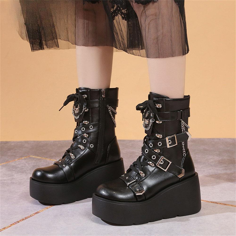Size 42 Brand New Ladies Wedges High Heels Boots Fashion Metal Decor Buckle Punk Platform Women's Boots Party Goth Street Woman Shoes