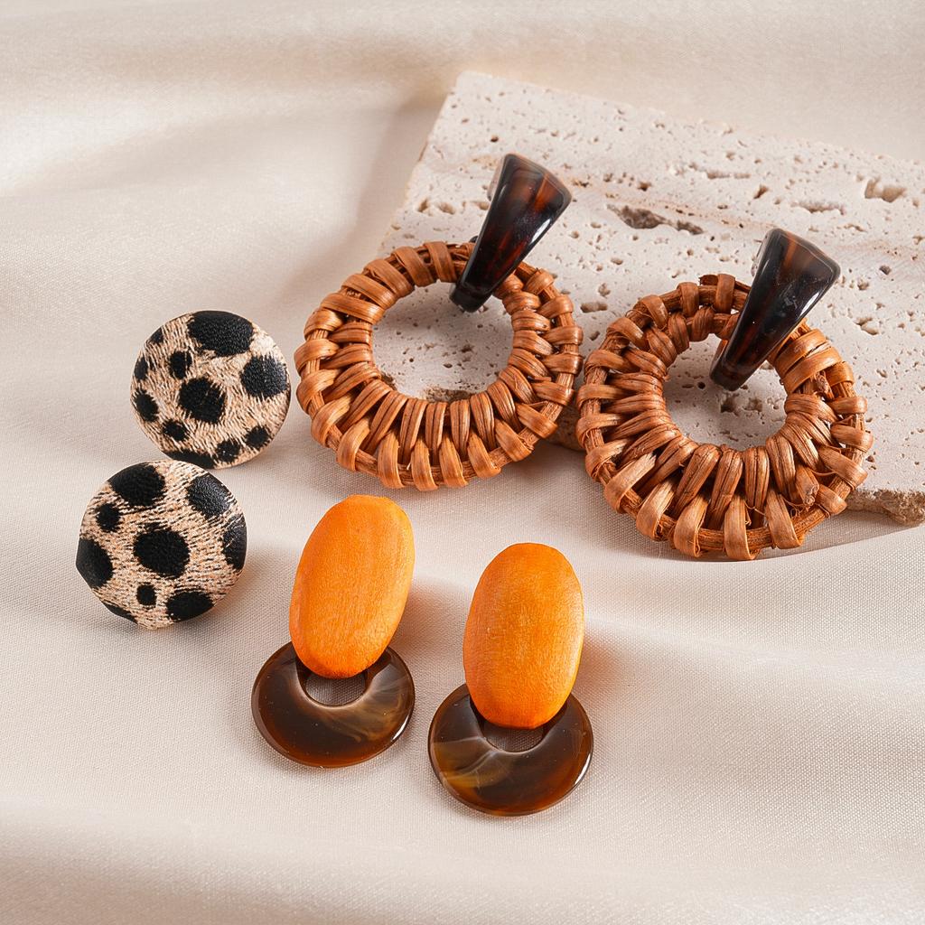 Six-piece Resin Wood Leather Round Silver Needle Earrings Bohemian Holiday Earrings