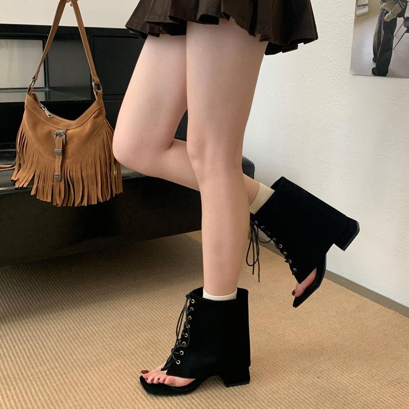 High Heel Fashion Short Boots New Thick Heel Niche Toe Herringbone Cool Boots Women's Head Pant Tube Boots Lace-up Short Boots