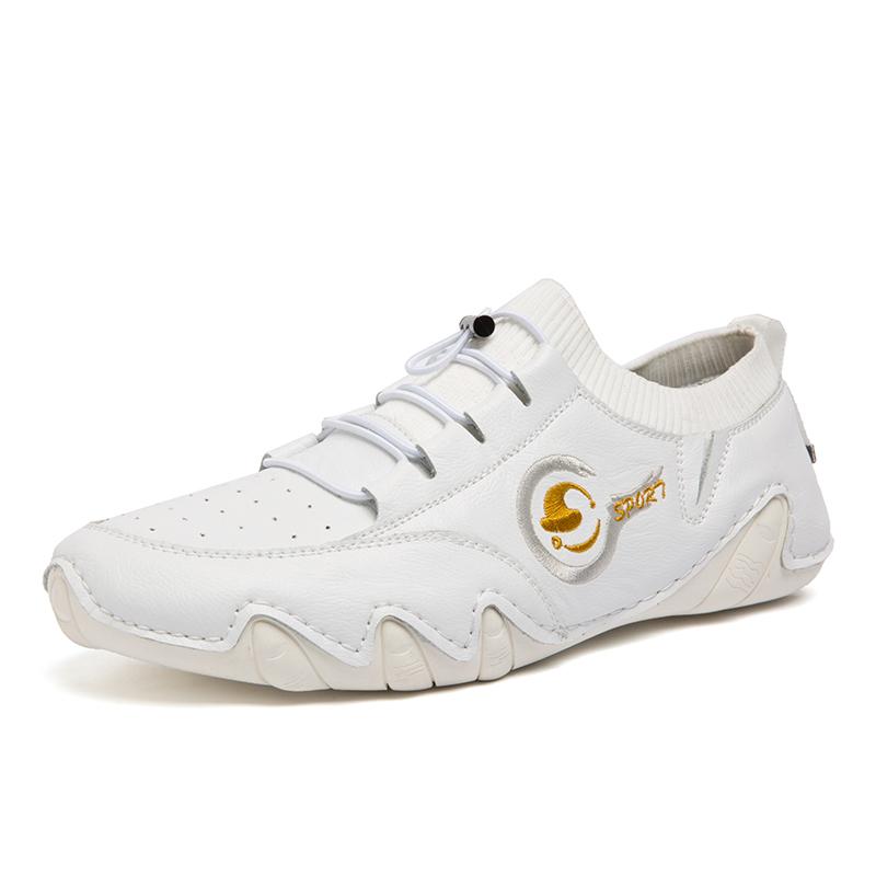 Popular Leather Sock Shoes Fashion White Sneakers For Men Casual Mens Shoes Genuine Leather Breathable Outdoor Shoes Man Loafers