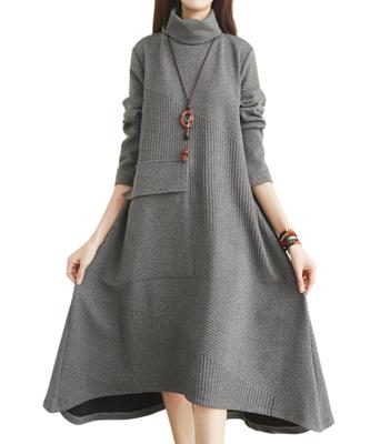 Elixio Long Long High Thick Striped Women's Dress, Sleeves, A-Line, Neck, Turtleneck, Warm, Figure-Flattering, Casual, Fall/Winter, (JP, Alphabet, XL,