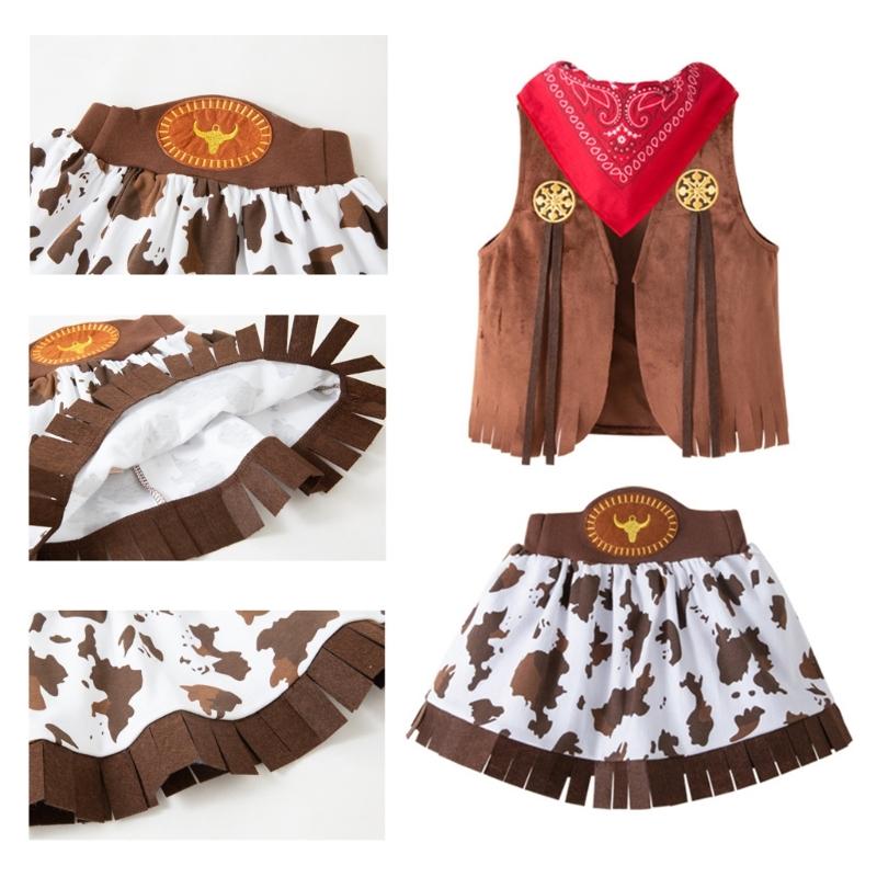Kinder Cowgirl Rollenspiel Kostüm Set 4 Teile Weste Hose Hut und Kurzer Rock Performance Kleidung