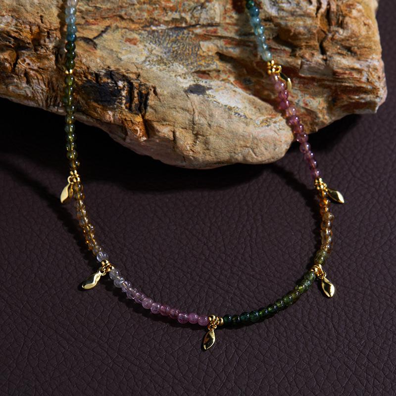 Original Design S925 Sterling Silver Inlaid With Natural Tourmaline Color Treasure Necklace Women'S Trend Handmade Color Beads
