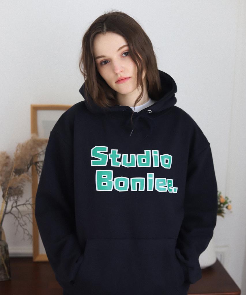 [Fleece Lined] Block Typo Graphic Oversized Hoodie Navy