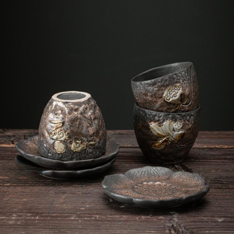 Gilt Rough Pottery Embossed Master Cup Handmade Tea Cup Vintage Iron Glaze Small Tea Cup Kung Fu Tea Set
