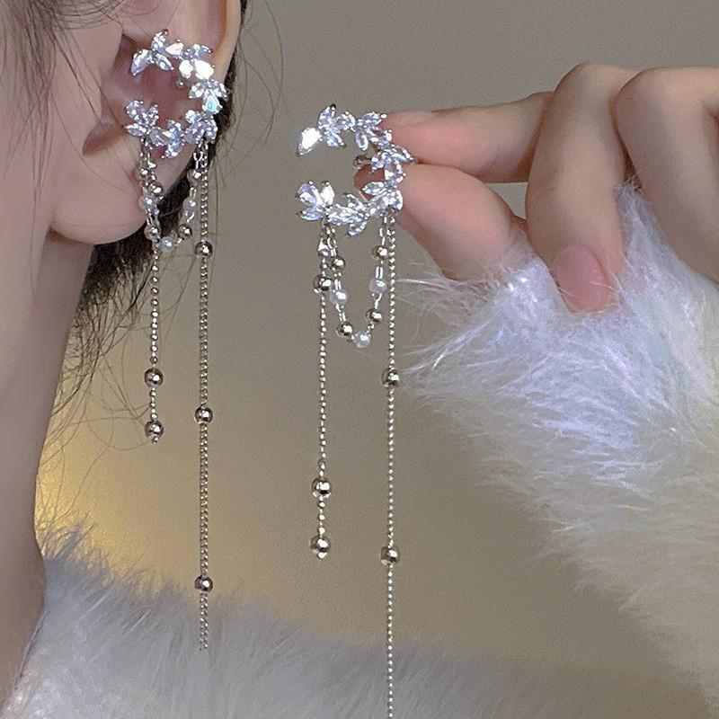 Silver Needle Star & Moon Tassel Ear Clips: Shiny Zircon, Sweet & Cool Style, Non-Pierced