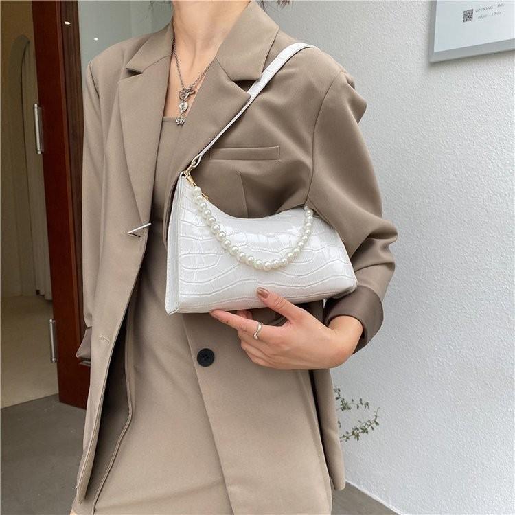 Elegant Pu Leather Underarm Bag With Pearl Details For Stylish Women
