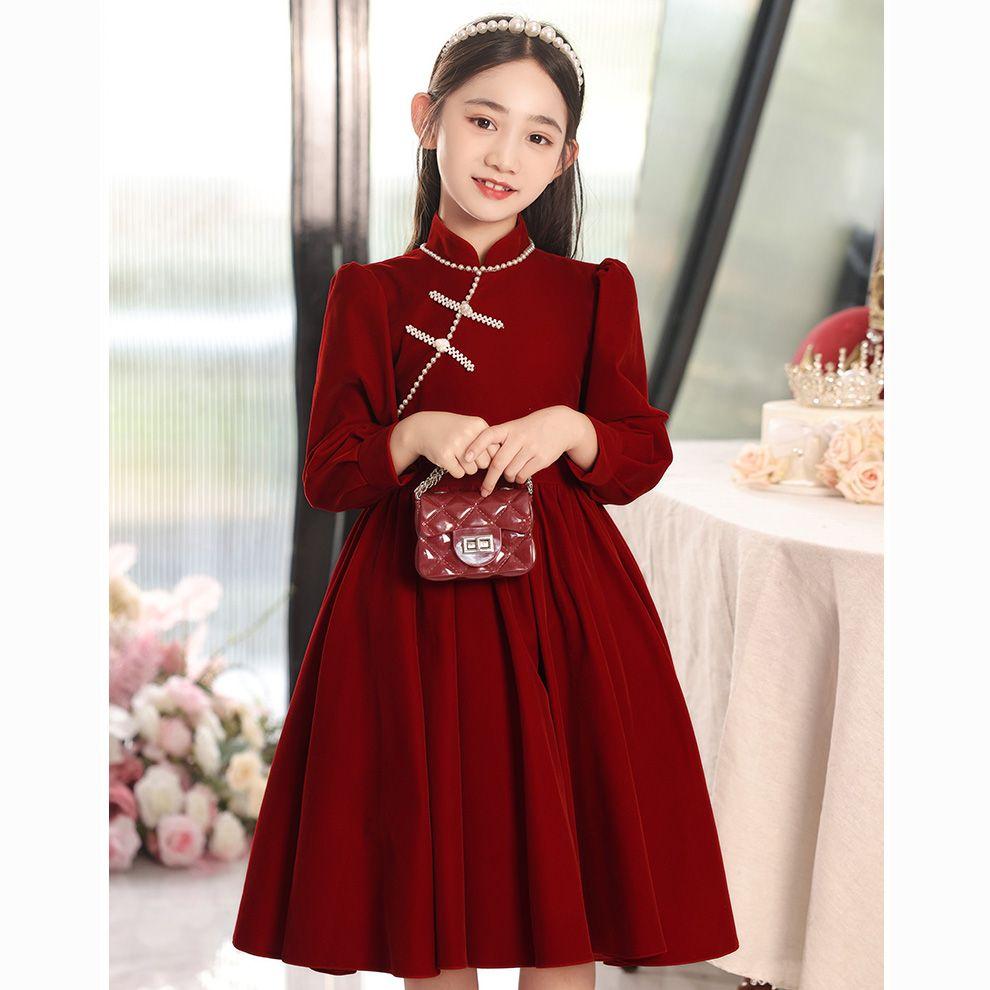 Modisches rotes Kleid für Mädchen Herbst und Winter, Plüsch-Prinzessinnenkleid für Kinder