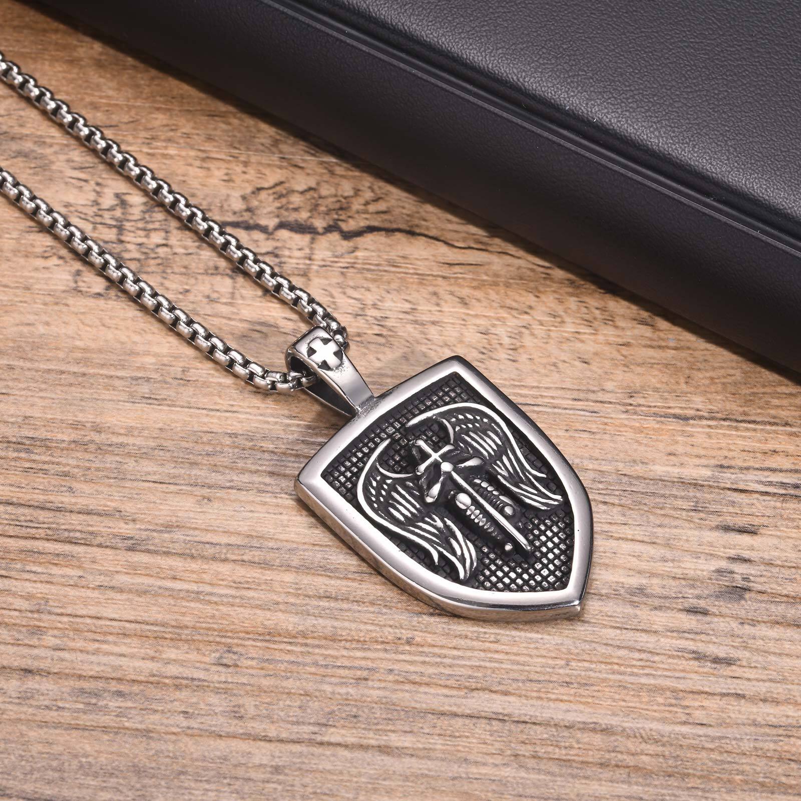 Vnox Mens Shield Snight Pendant Necklaces, Saint Michael Necklace,Stainless Steel St Michael the Archangel Pendant Amulet Collar