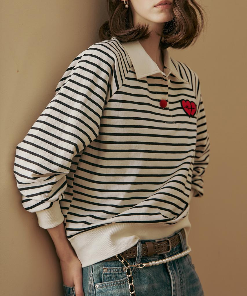 MAXZA Heart Wappen Shirt Collar Striped T-Shirt