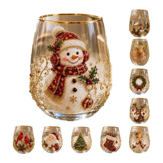 Bicchieri Unici per Feste di Natale 330ML Bicchiere d'Acqua in Vetro, Motivo Ghirlanda/Babbo Natale/Alce/Calze/Pupazzo di Neve Vetro Festivo Edizione Limitata Regalo