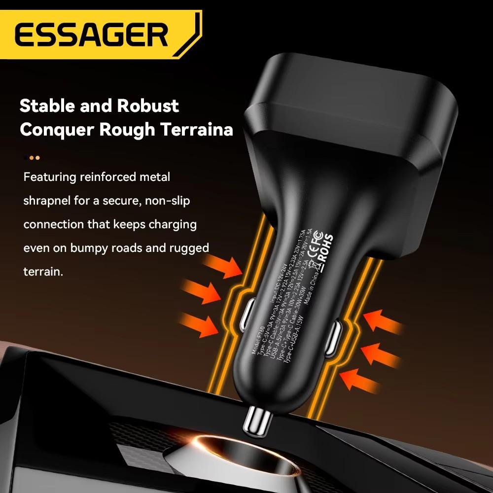 Essager 65W USB C Car Charger 3 Ports with Retractable Cable PD3.0 QC3.0 30W Fast Charging for iPhone 16 15 iPad Samsung Xiaomi