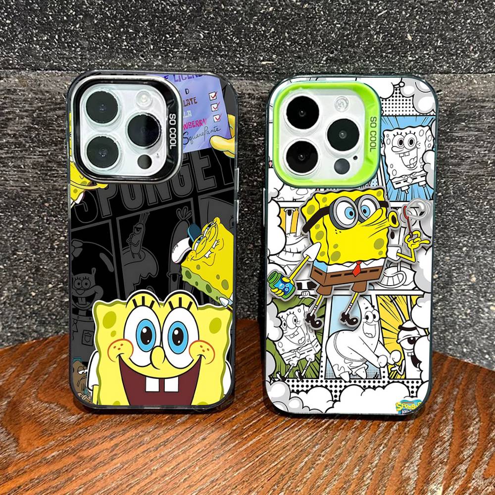 Cartoon Niedlich S-SpongeBob Anime Handyhülle Für IPhone 17 16 15 14 11 12 13 Pro Max Pro Plus Farbige Silberne Hülle