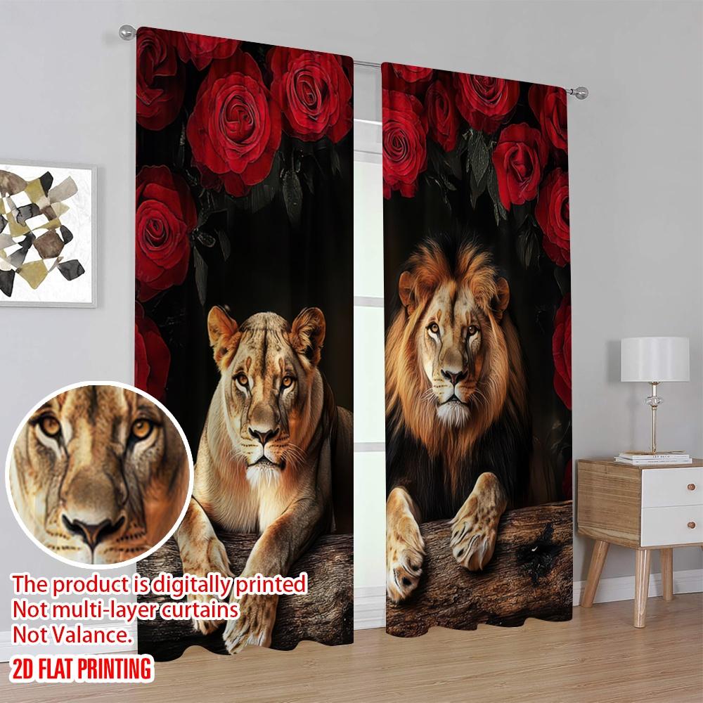 Set Of 2 Flat Printing Curtains Lion Versatile Polyester Without Electricity Holiday Decorations Suitable Home Decor Curtain