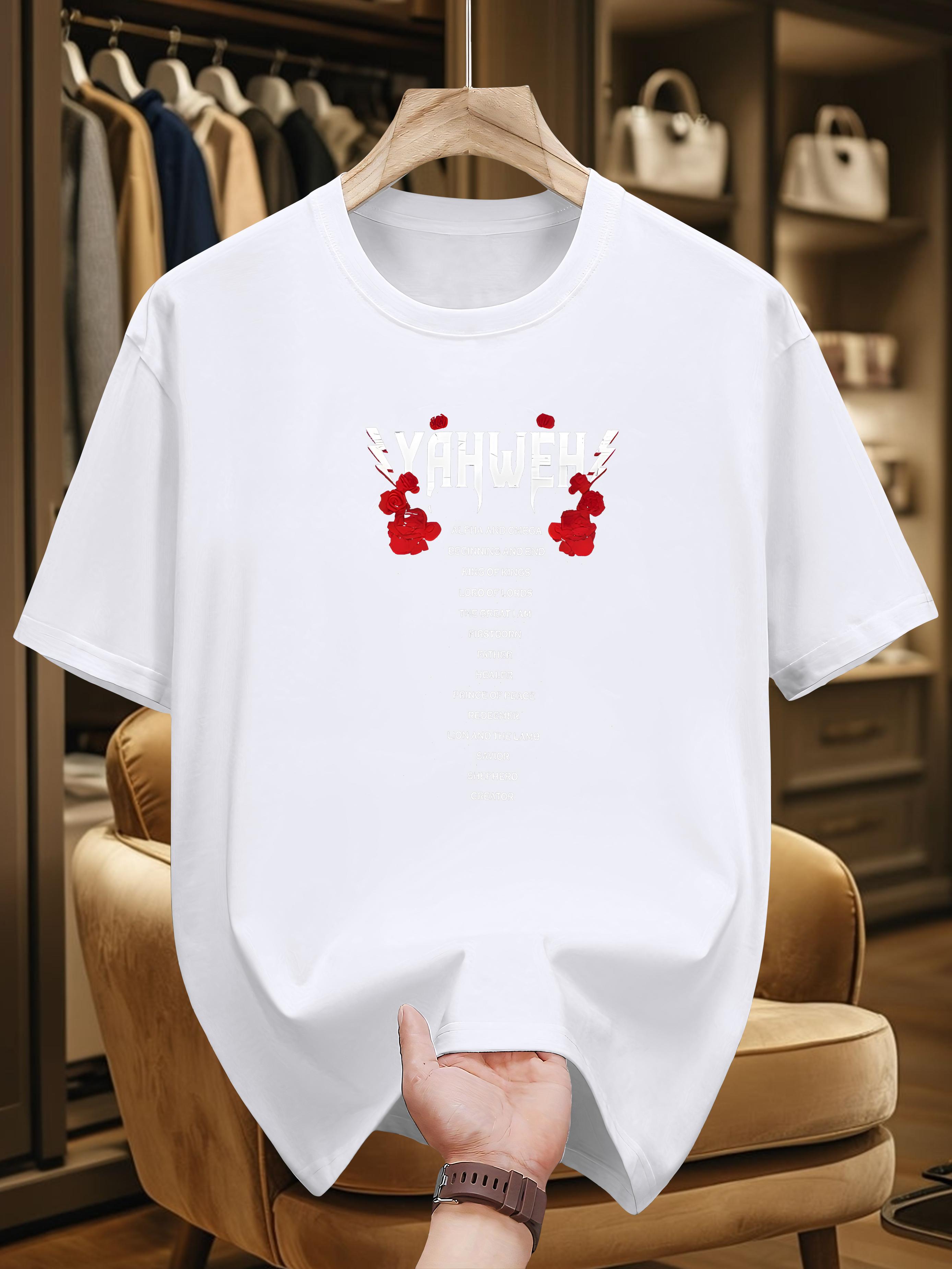 200g 100% Cotton Short Sleeve T-shirt with YAHWEH Graphic Print & Red Butterflies - Casual Summer Tee for Adults XXL