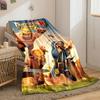 Dynamic battle-themed artwork with characters and weapons in action. for all seasons blanket lunch break throw gift