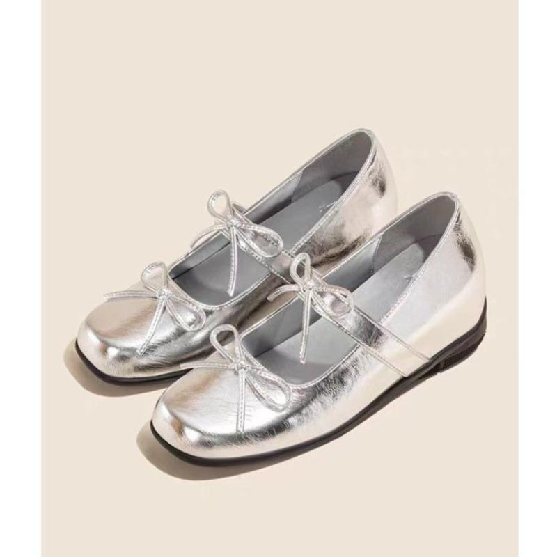 Fashion Women's French Bow Round Toe Super Fire Single Spring Studded Metal Buckle Slip-On Soft Sole Flats Mary Jane