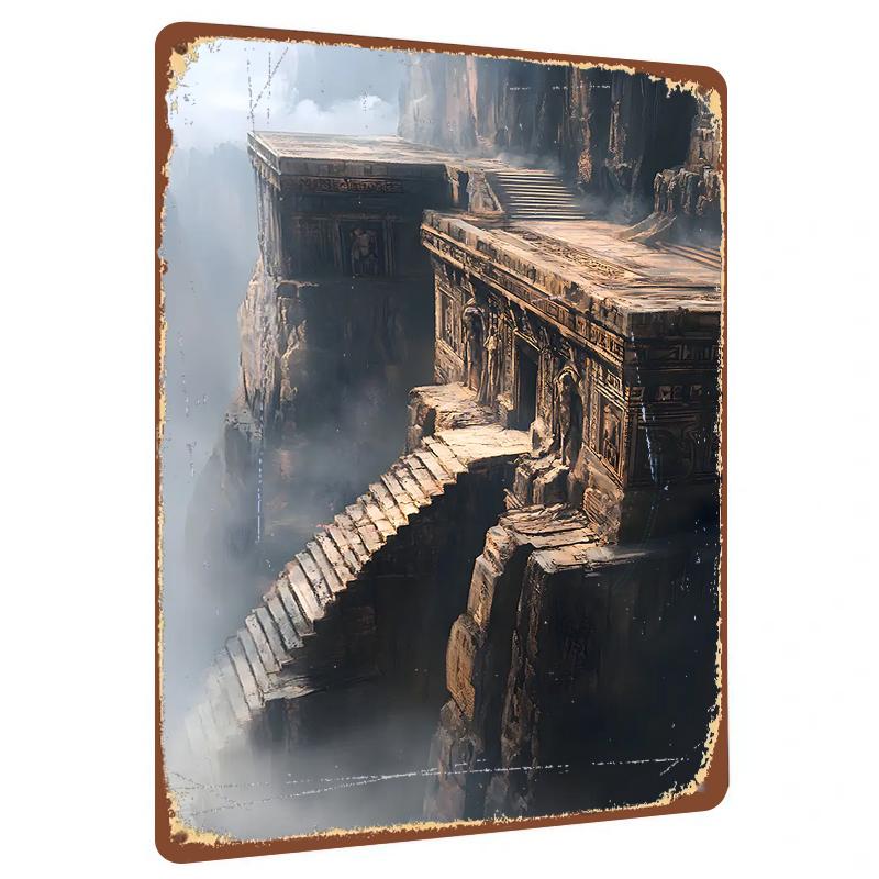 Custom Ancient Temple Cliffside Metal Wall Art with Intricate Carvings and Staircases Design for Home Decor 20x30cm（7.8x11.8inch）
