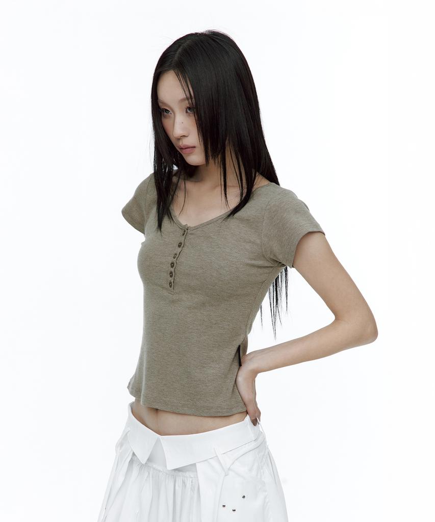 ROUGHNECK Ascii Cross Henley Neck T-Shirt Khaki Brown