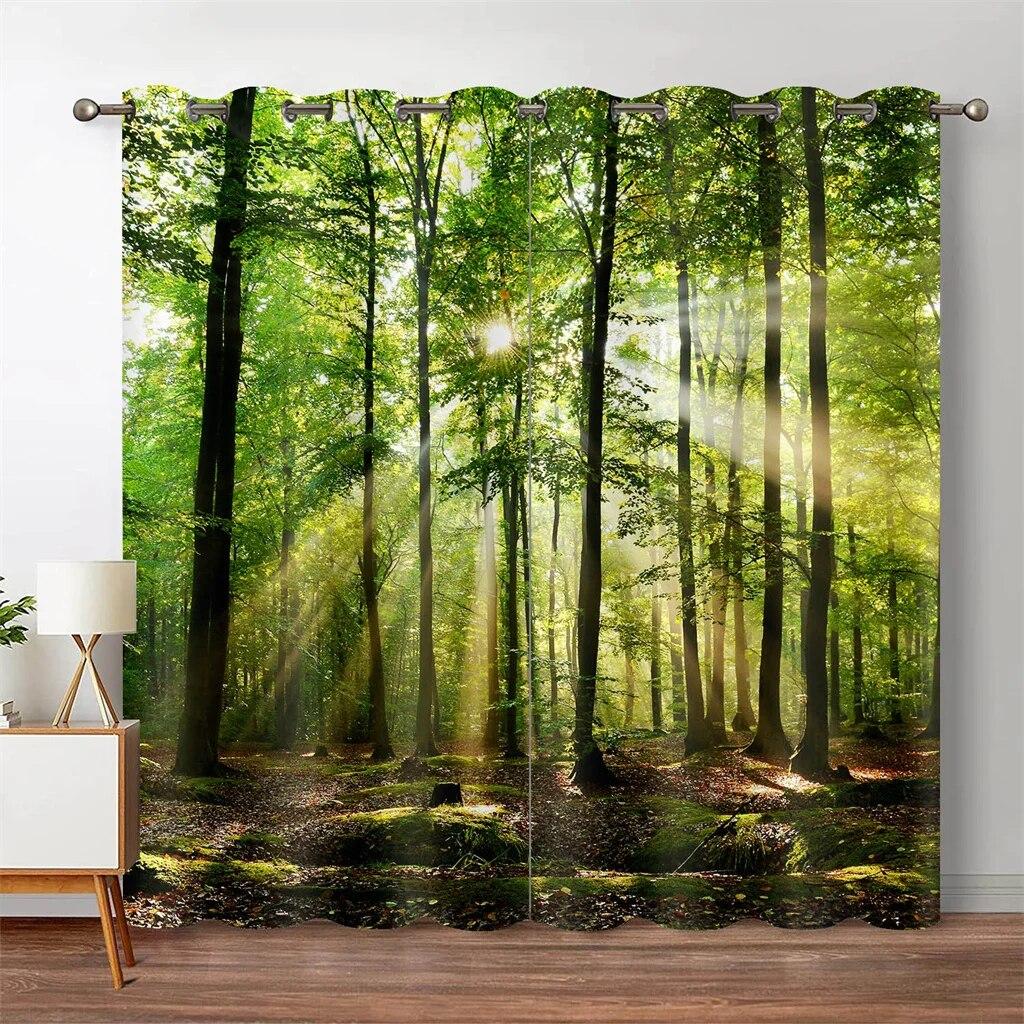 Bos Jungle Boom Natuurlijk Landschap Dunne Raambekleding Gordijnen Voor Woonkamer Keuken Slaapkamer Waterval 2 stuks Decor W50xH130(CM)x2PCS-Rod pocket