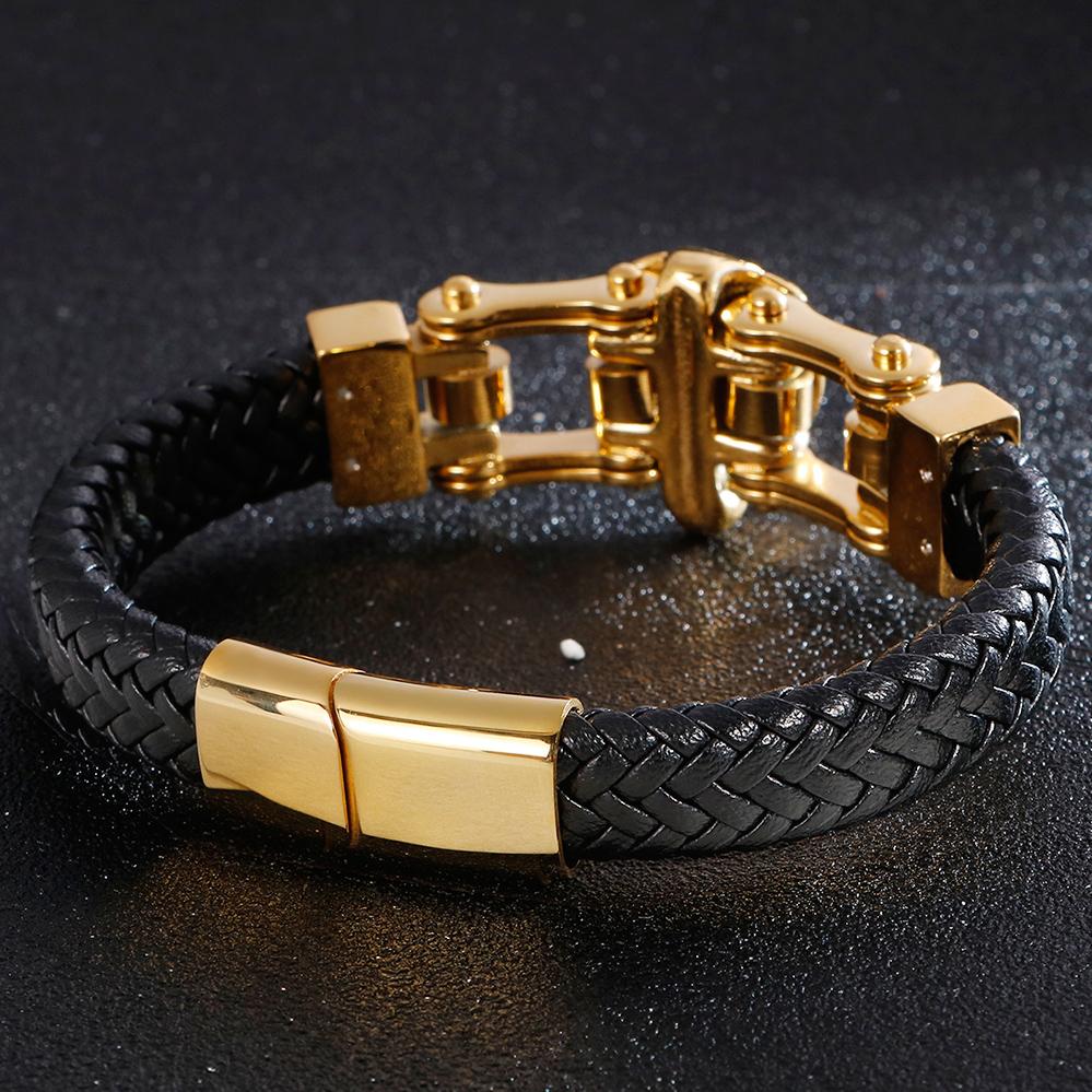 Punk Goth Lion Head Men's Bracelets & Bangles Braided Genuine Leather Man Bracelet Gold Color Stainless Steel Bike Chain Jewelry
